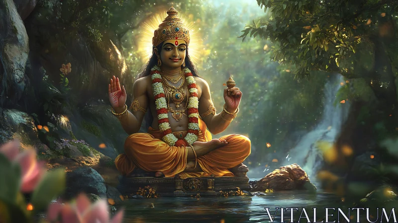 Serene Hindu deity statue seated in lush forest river.
