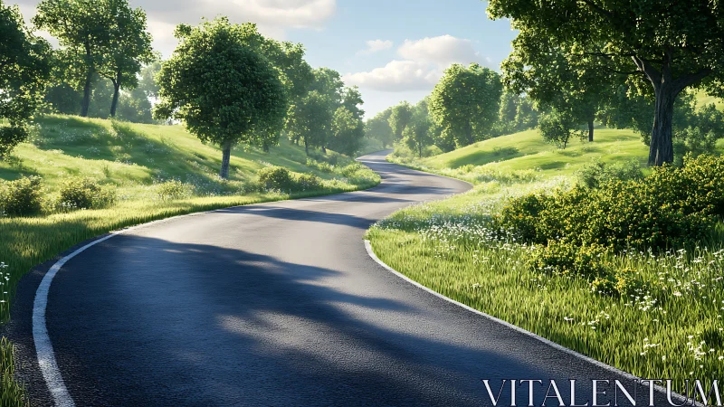 Curving country road glows through sunlit spring meadows.