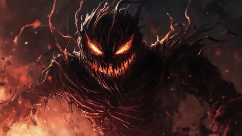 Fire-drenched demon wreathed in embers and raging shadow.