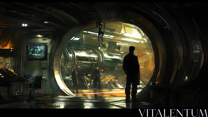 Solitary figure surveys illuminated starship engine bay