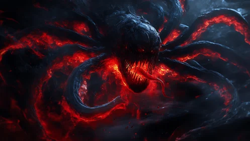 Lava-lit eldritch leviathan rendered with dynamic volumetric glow