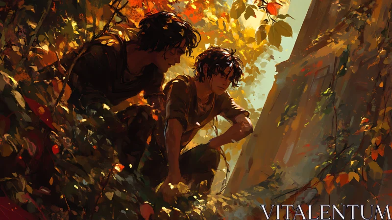 Autumn-lit ruin reconnaissance with dual figures in foliage.