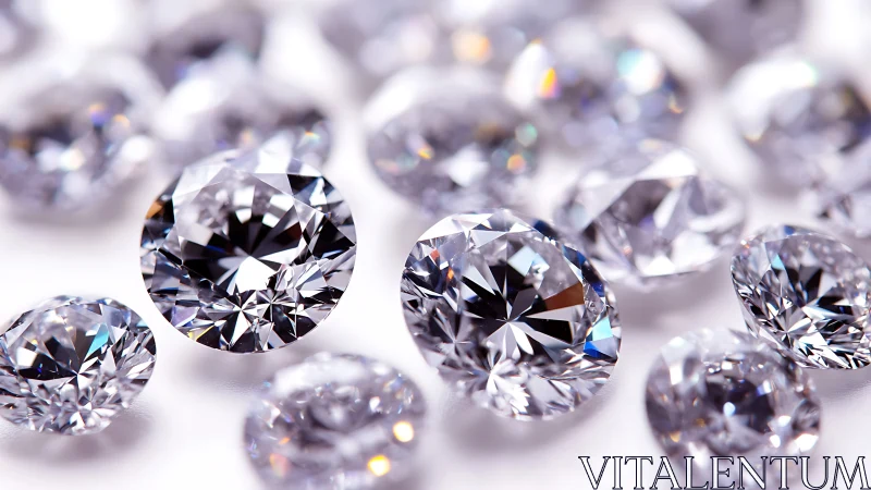 Round cut loose diamonds arranged on reflective surface.