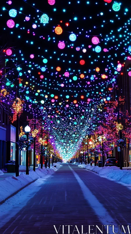 Snow-covered city street under dense multicolor light canopy.