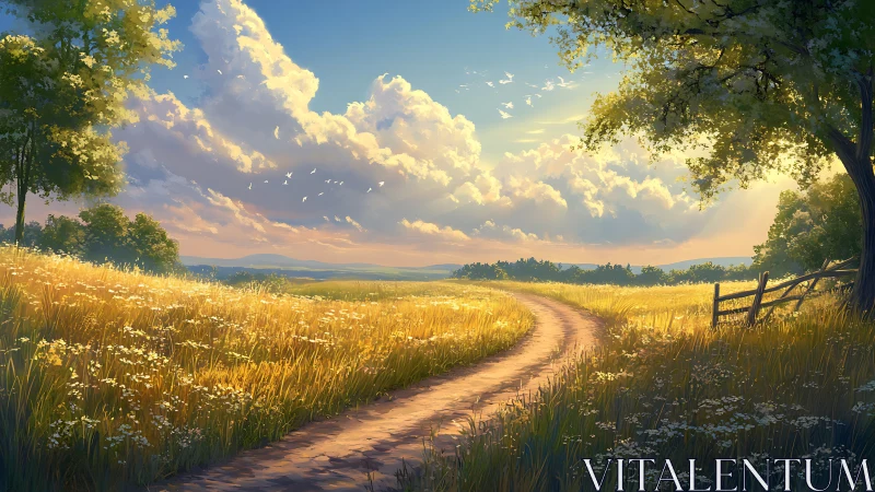 Idyllic country lane in golden meadow under luminous sky.