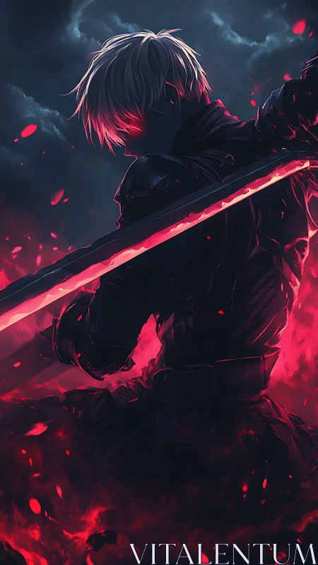 Digital painting of a crimson-lit swordsman in dramatic backlight.