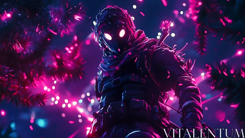 Neon rogue soldier under cyberpunk forest lights.