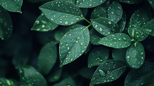 Macro close-up of rain-soaked green foliage with droplets