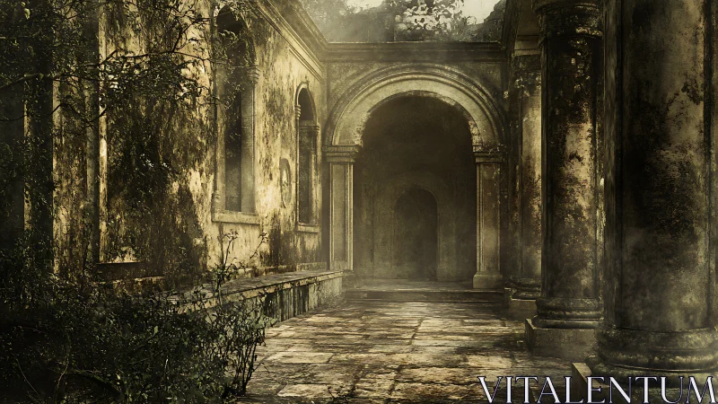 Overgrown neoclassical stone colonnade in atmospheric decay