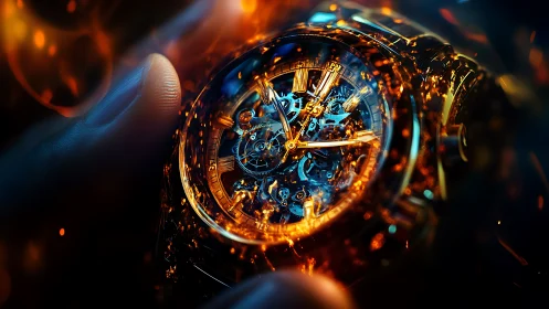 Macro view of illuminated skeleton wristwatch mechanism.