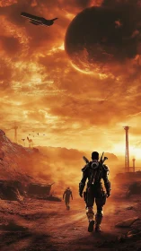 Two space explorers stride into a blazing alien horizon