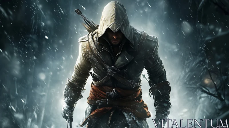 Hooded figure in leather gear walking through winter forest.