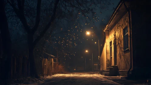 Night street scene shows lit house facade and empty road