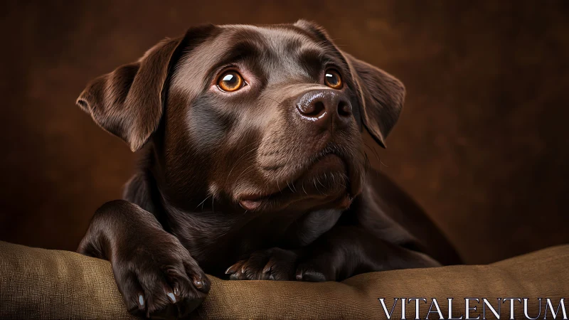 Gentle chocolate lab with soulful eyes in warm light.