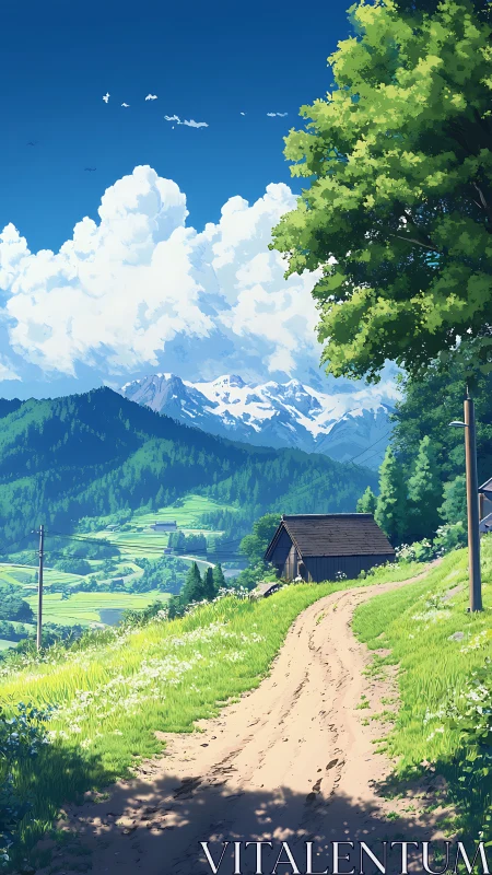 Mountain valley path curves toward distant snowcapped peaks