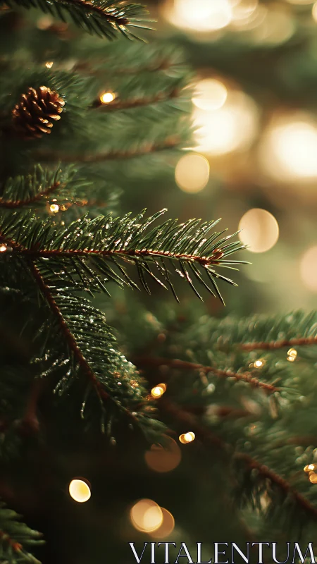 Evergreen needles catch warm golden holiday bokeh light.