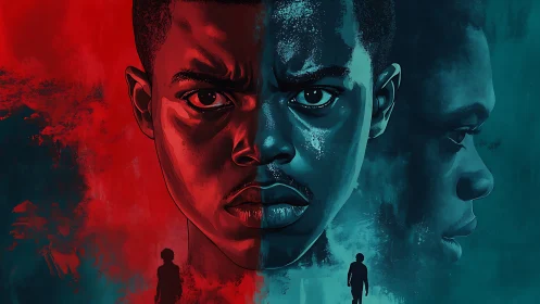 Central male portrait divides red and teal mirrored profiles