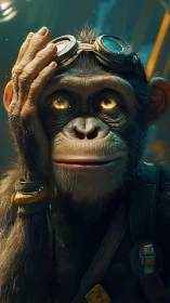 Stargazing mechanic chimp in glowing steampunk goggles.