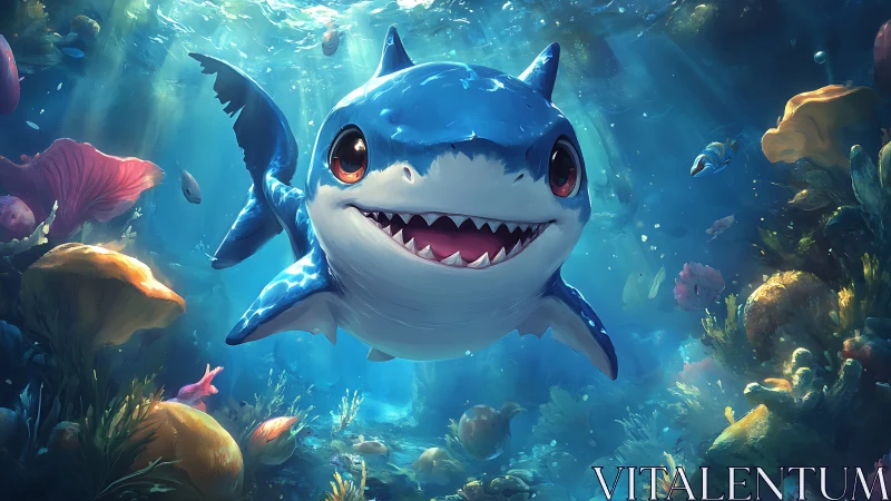 Cartoon baby shark swimming through vibrant coral reef