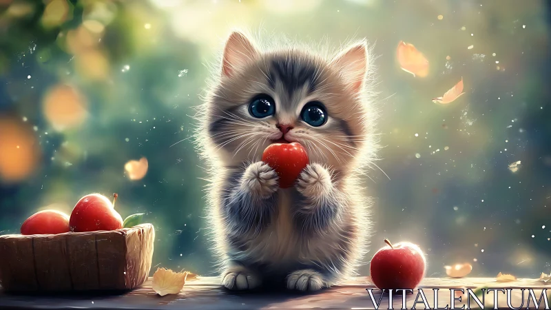 Juvenile feline specimen holding red apple in stylized digital composition.