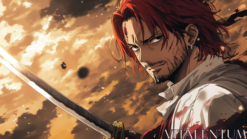 Battle-scarred swordsman holds bloodied katana at dusk