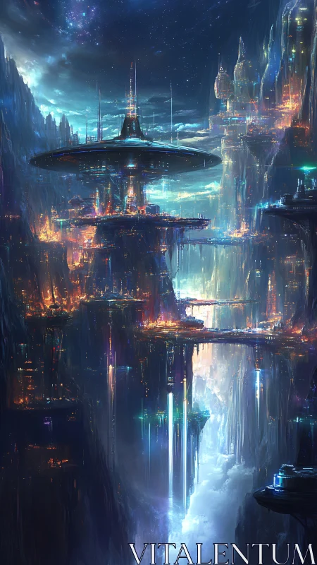 Vertically tiered sci‑fi megacity cascades through a luminous canyon