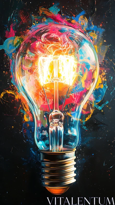 Illuminated light bulb with abstract multicolor paint field.