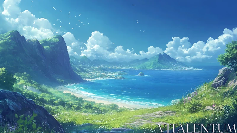 Verdant Coastal Paradise Beneath Azure Skies.