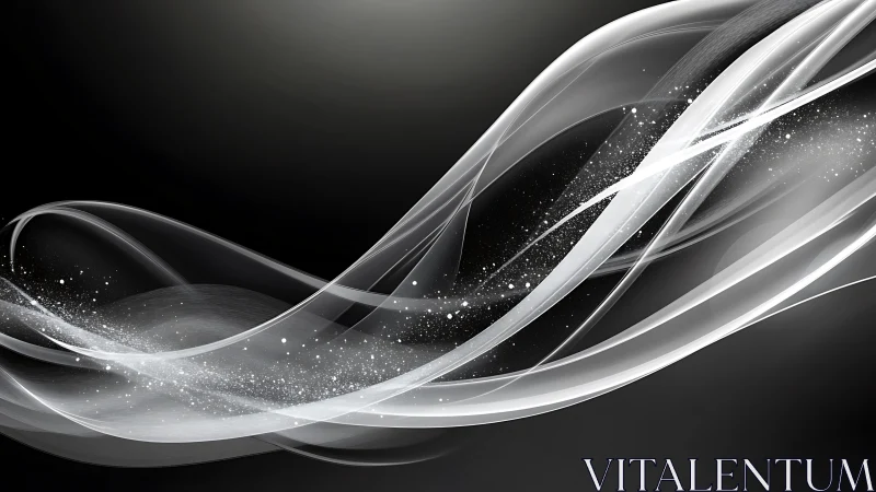 Silver light ribbons curve across dark gradient background.