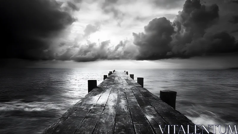 Wooden pier extends into ocean under dense storm clouds