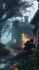 Moon-damp village glows while a lone soldier ghosts forward