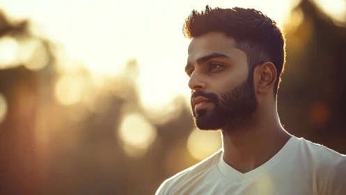 Bearded man in white shirt in warm sunset backlight portrait