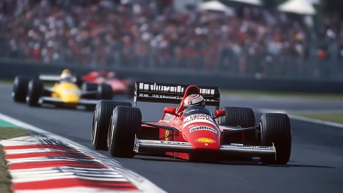 Red Formula One car leading intense circuit chase at speed.