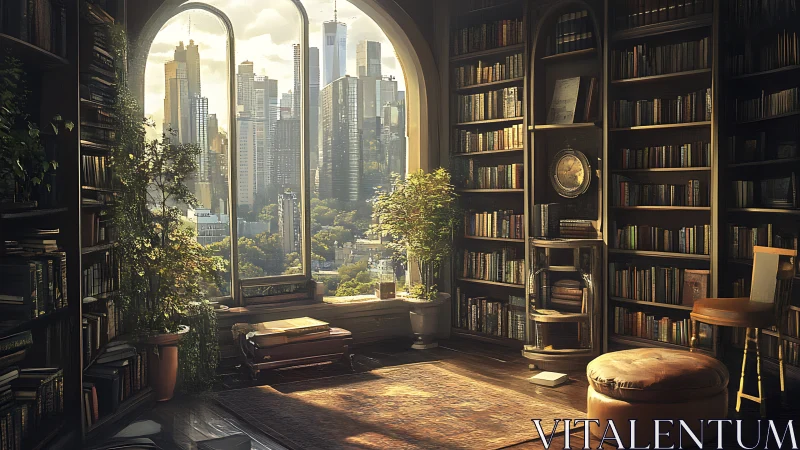 Sunlit urban library blends quiet study with city skyline.