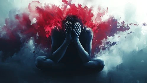 Solitary figure collapses as red emotional storm erupts.