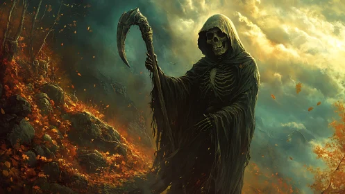 Hooded skeletal figure with scythe in autumn hillside forest.