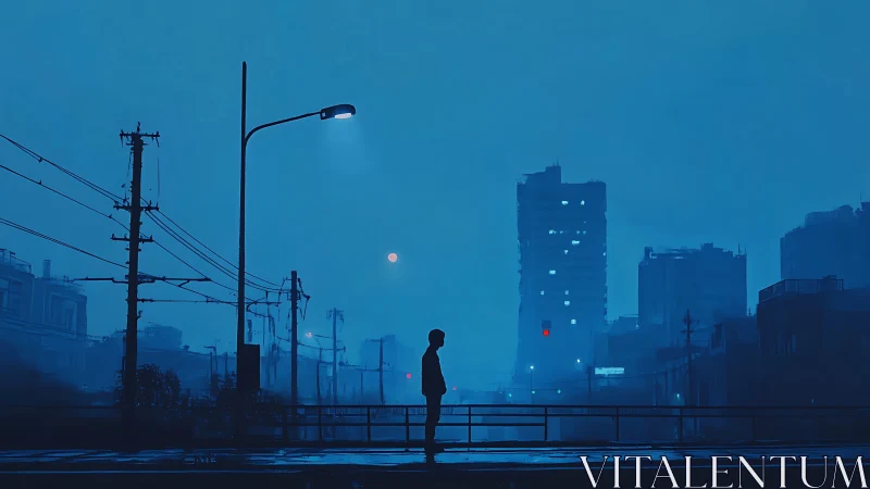 Solitary silhouette under misty blue city streetlamp.