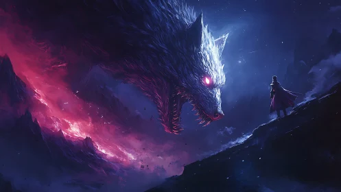 Lone warrior confronts colossal spectral wolf in cosmic storm