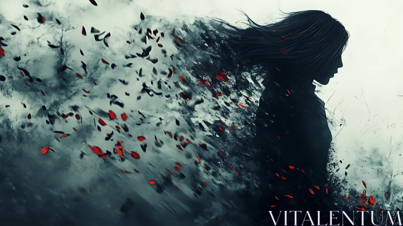 Silhouette of woman dissolves into dark smoke and red petals