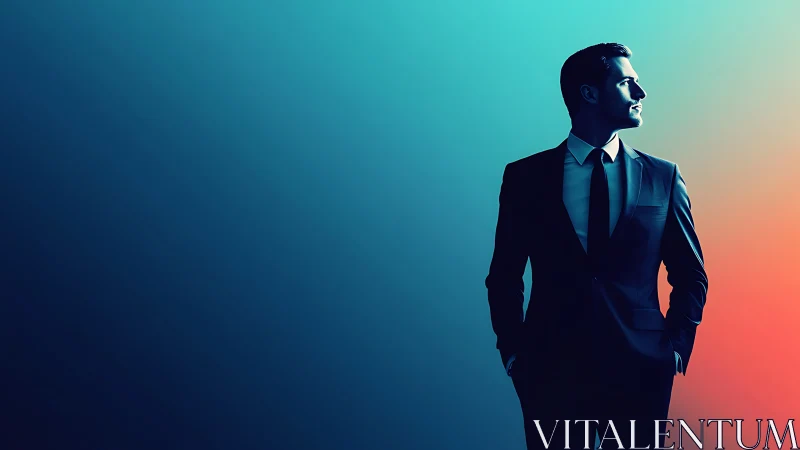 Businessman stands in suit against blue and orange gradient