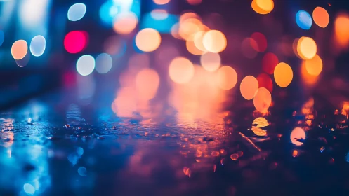 Urban wet-surface bokeh field with chromatic defocus mapping.