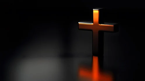 Glowing Metallic Cross on Dark Reflective Surface, Minimalist Art.