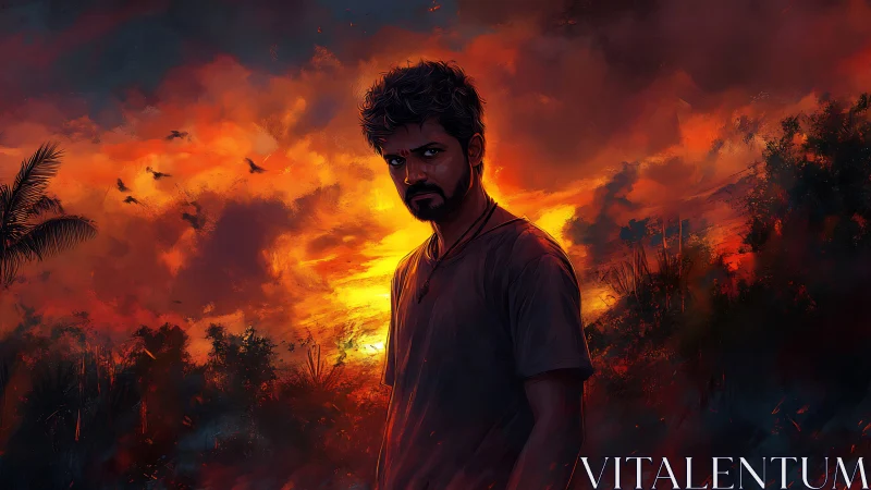 Brooding wanderer framed by a storm-bright sunset sky.