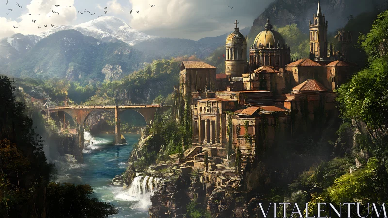 Sunlit cliffside citadel overlooks river gorge and arched bridge