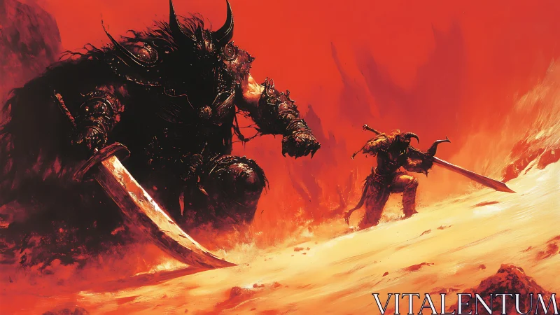 Demon warlord confronts lone warrior in burning wasteland.