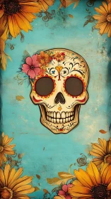 Floral sugar skull floats amid bright turquoise blooms.