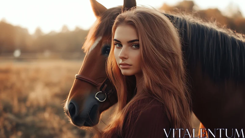 Sunlit portrait of young woman with horse in meadow.