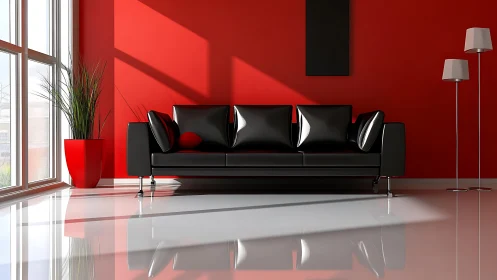 Scarlet loft lounge where glossy black sofa steals focus.