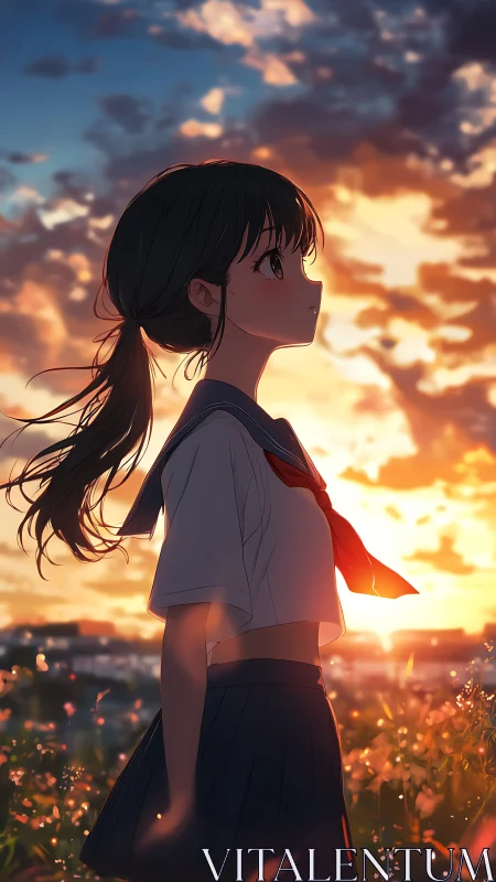 Anime schoolgirl silhouette under glowing sunset sky.