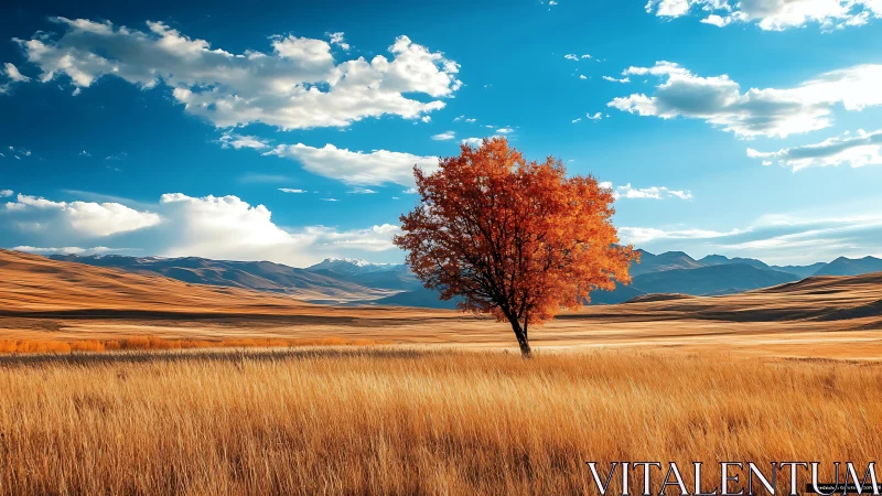 Lone autumn tree in golden field under bright blue sky.